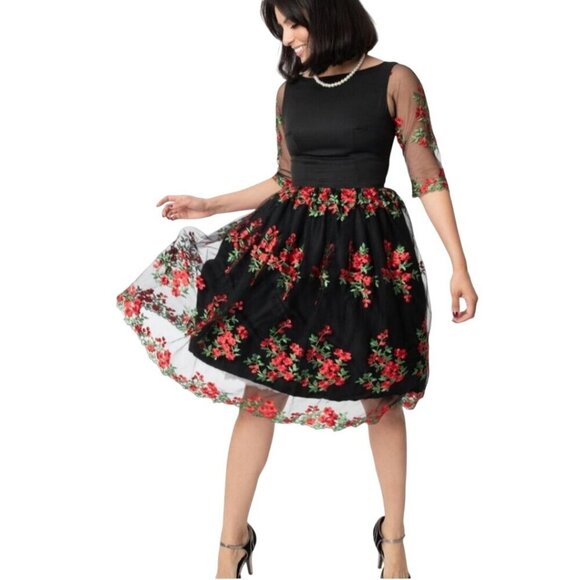 Magnolia Place Audrey Swing Dress Midi Embroidered Sheer 3/4 Sleeve Size S - Picture 1 of 7